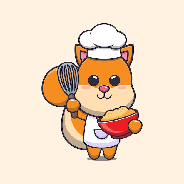 cute squirrel chef mascot cartoon character with cake dough