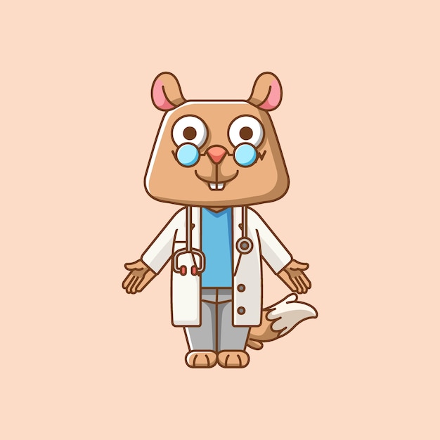 Cute squirrel doctor medical personnel chibi character mascot icon line art style illustration