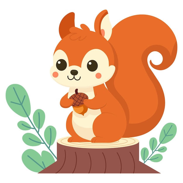 Cute squirrel holding an acorn while sitting on a stump Vector cartoon illustration