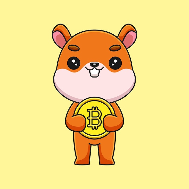 Cute squirrel holding bitcoin cartoon mascot doodle art hand drawn outline concept vector kawaii icon illustration