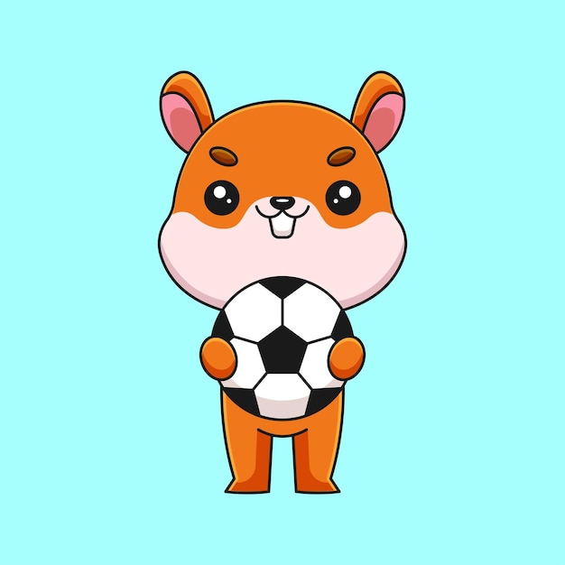 Cute squirrel holding soccer ball cartoon mascot doodle art hand drawn concept vector kawaii icon illustration