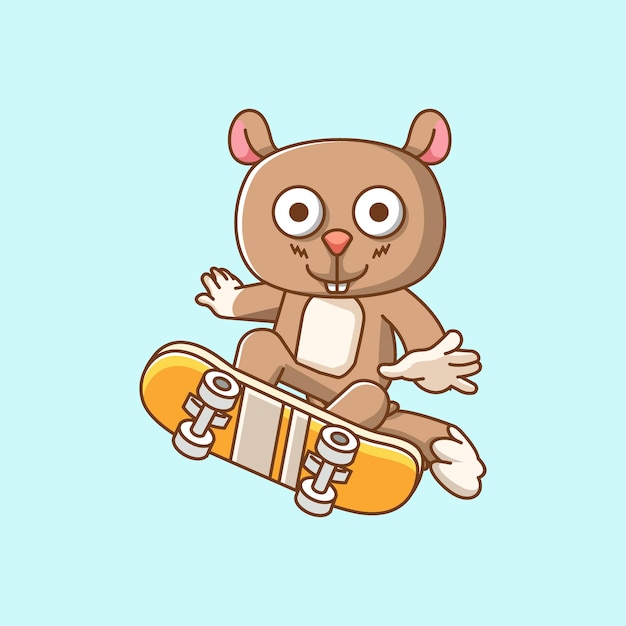 Cute squirrel Playing Skateboard animal kawaii chibi character mascot illustration outline style