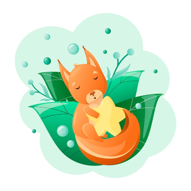 A cute squirrel sleeps on green leaves Cartoon design