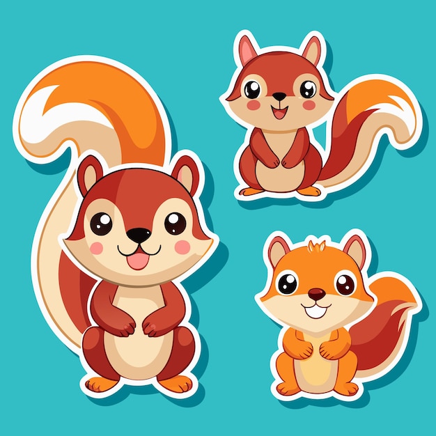 Vector cute squirrel stickers with big eyes and fluffy tails