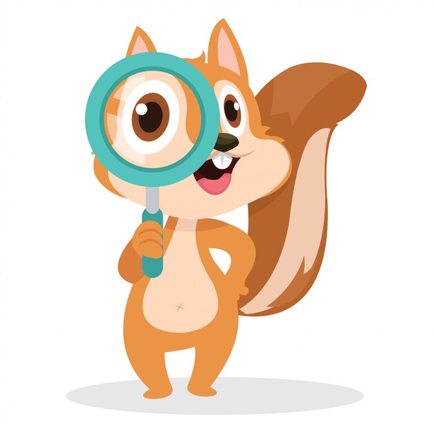 Vector cute squirrel use a magnifying glass to find his food