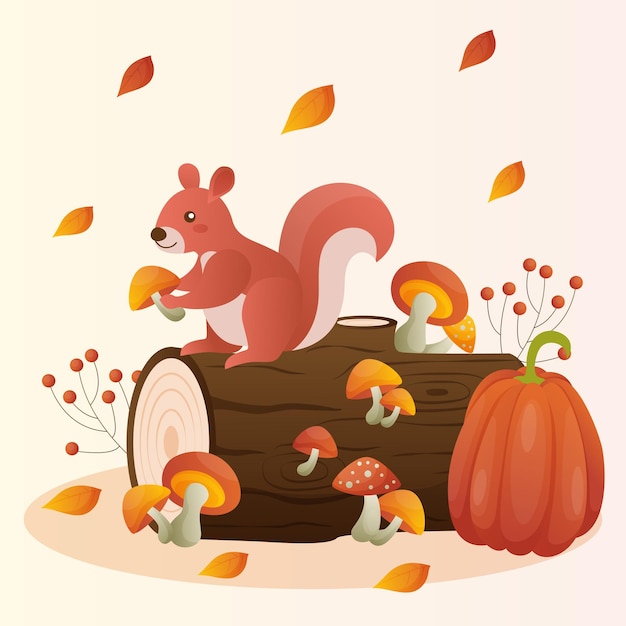 Cute squirrel with autumn illustration background