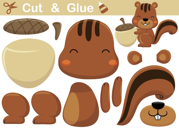 Cute squirrel with big nut. Education paper game for children. Cutout and gluing.   cartoon illustration