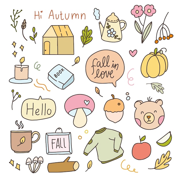 Cute sticker fall autumn element cartoon illustration doodle badges. Hand drawn icon planner collection set.