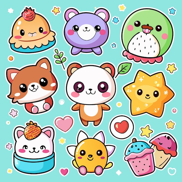 Vector cute sticker kawai animals mascot icon