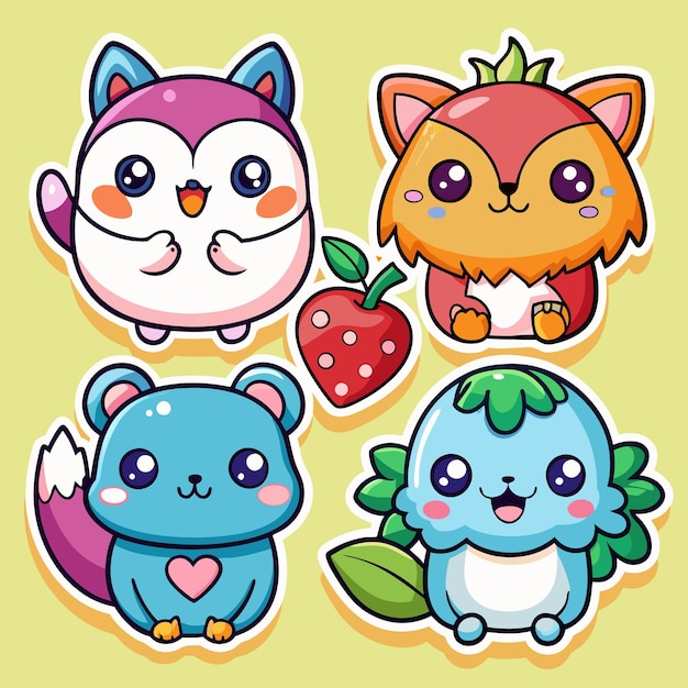 Vector cute sticker kawai animals mascot icon