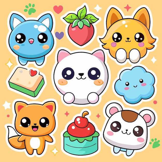 Vector cute sticker kawai animals mascot icon