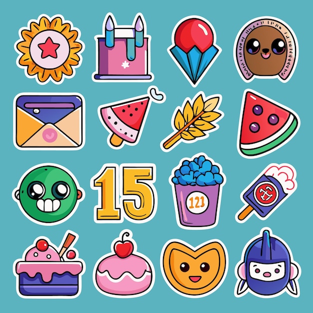 Vector cute stickers adorable character food and object designs for your projects