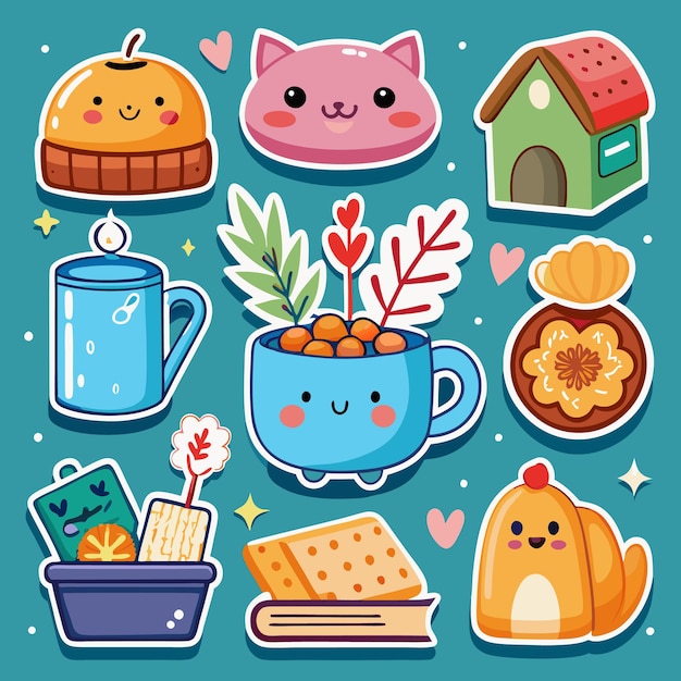 Vector cute stickers adorable characters objects