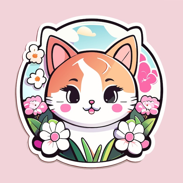 cute stickers cat flowers minimalist vector white