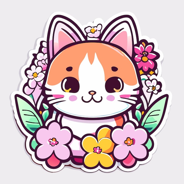 cute stickers cat flowers minimalist vector white