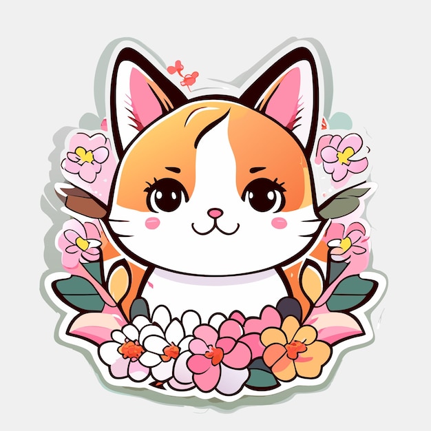 cute stickers cat flowers minimalist vector white