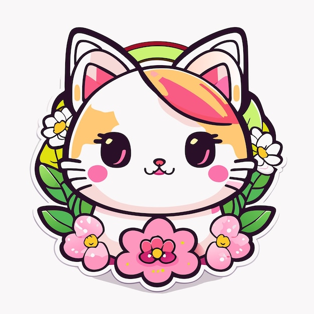 cute stickers cat flowers minimalist vector white