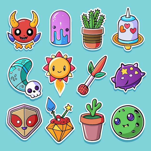 Vector cute stickers characters plants and space objects with fun designs