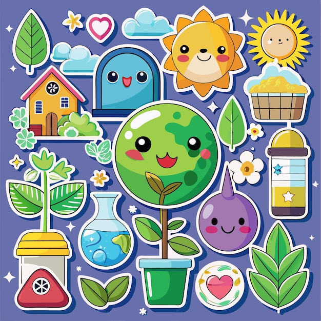 Cute Stickers Happy Sun Smiling Tree and Adorable Flowers