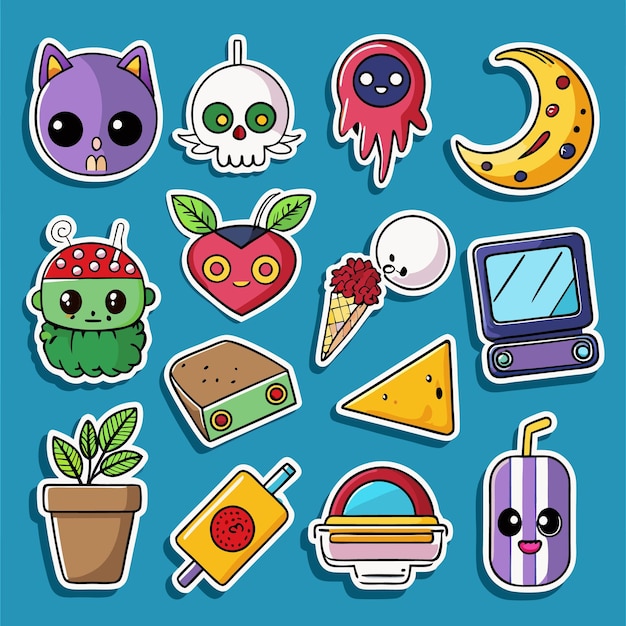 Vector cute stickers with cartoon characters and food designs