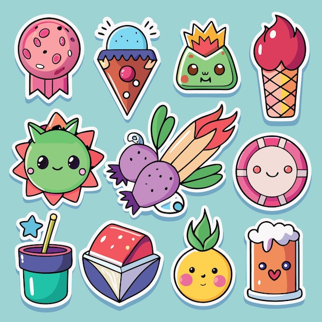 Vector cute stickers with cartoon faces food fruit more