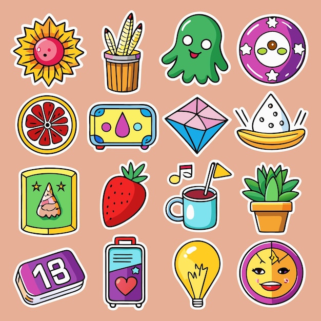 Vector cute stickers with fruits plants and more