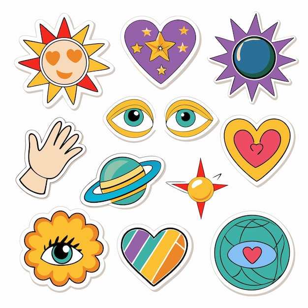 Vector cute stickers with hearts stars eyes and planets