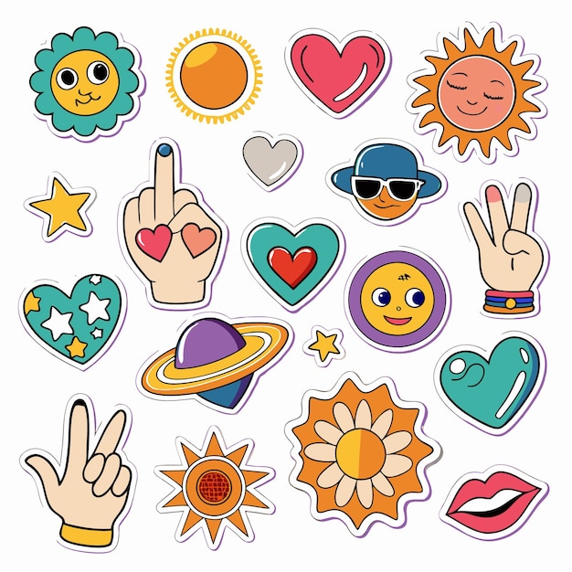 Cute Stickers with Hearts Suns Stars and Peace Signs Cool Patches for Clothes Bags and Laptops