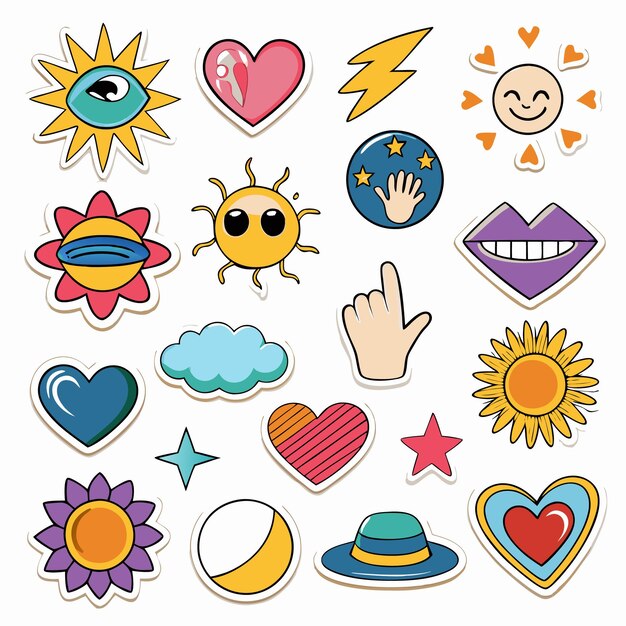 Vector cute stickers with hearts suns and stars perfect for scrapbooking and journaling