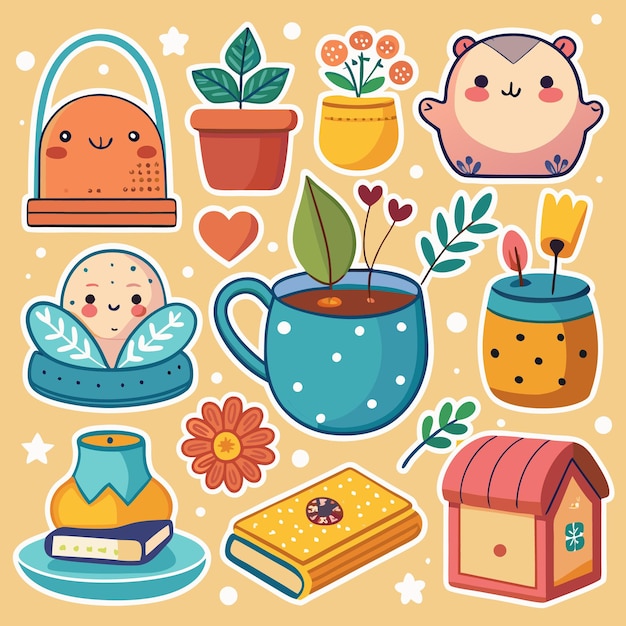 Vector cute stickers with plants animals and books