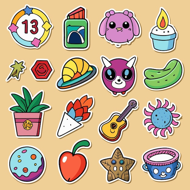 Vector cute stickers with stars animals and plants fun and colorful designs