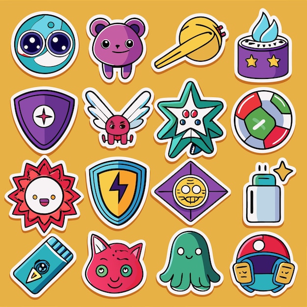 Vector cute stickers with stars shields and creatures for fun