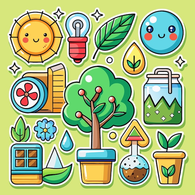 Vector cute stickers with sun lightbulb leaves and plants for nature lovers