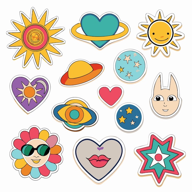 Vector cute stickers with sun stars planets hearts for decoration