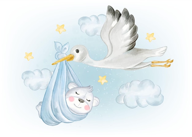 Cute Stork Flying with Baby Koala Nursery Watercolor