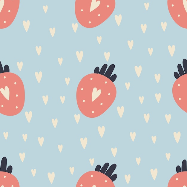 Cute strawberries with hearts on blue background for print textile and web