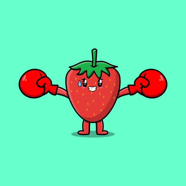 Cute Strawberry mascot cartoon playing sport with boxing gloves and cute stylish design