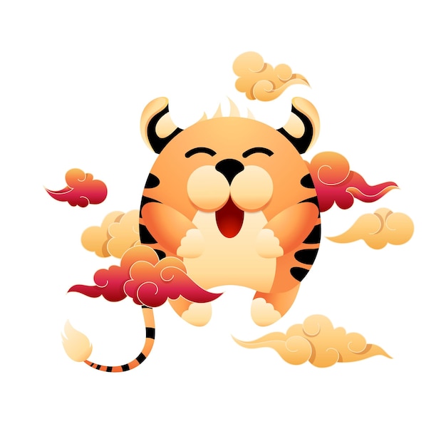 Cute striped tiger among eastern clouds Symbol of new year Zodiac sign of oriental Chinese calendar