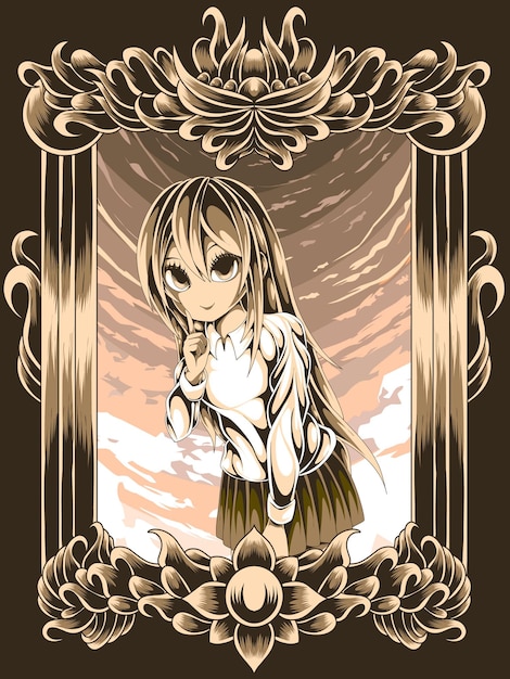 cute student anime on engraving frame