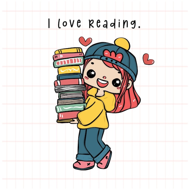 Cute Student Girl Carrying Stacked Books Joyful Reading vibrant color Cartoon Doodle