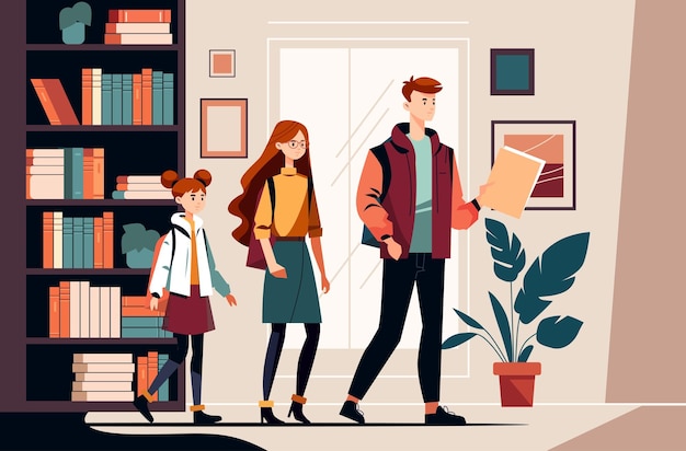 cute students in casual clothes studying in library or bookstore with books and bookshelves education concept horizontal full length vector illustration