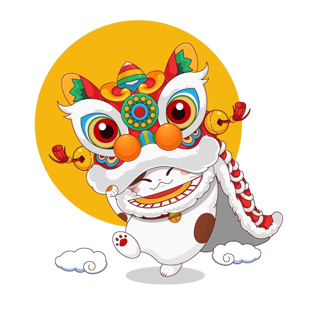 Cute style cat performing traditional lion dance cartoon illustration.