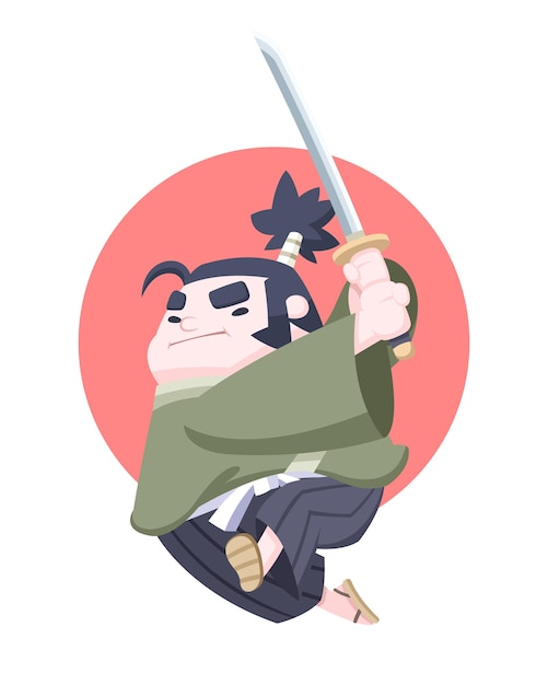 Cute style determined Japanese chubby samurai jumping with katana in his hand cartoon