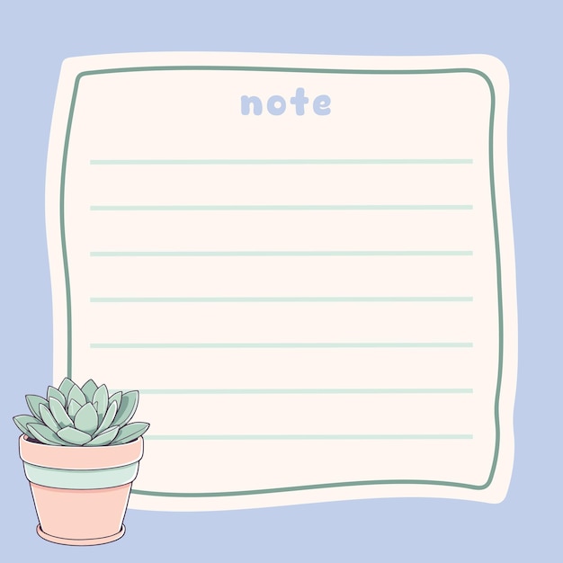 Vector cute succulent plant memo note design template