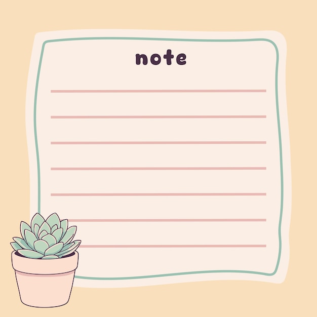 Vector cute succulent plant memo note design template