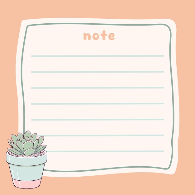 Vector cute succulent plant memo note design template