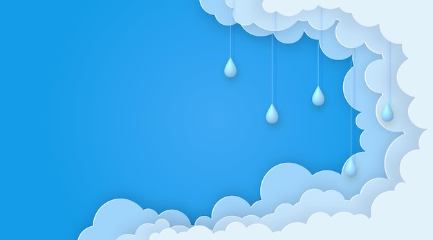 Cute summer banner with paper clouds and 3d raindrops on blue sky background