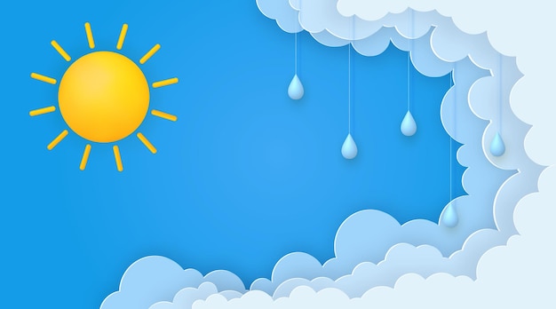 Cute summer banner with sun paper clouds and 3d raindrops on blue sky background