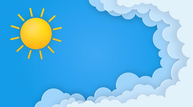 Cute summer banner with sun and paper clouds on blue sky background