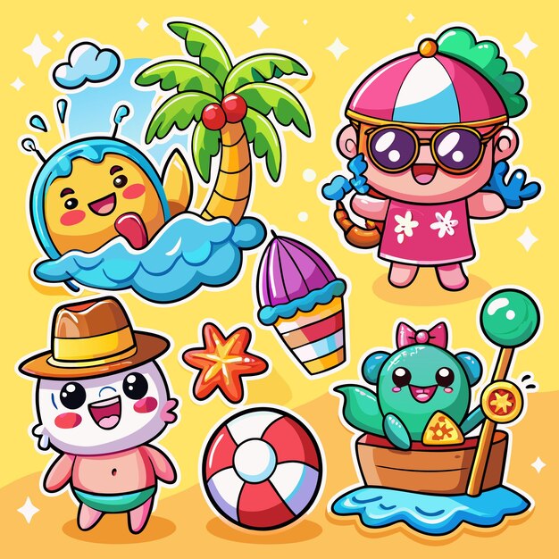 Vector cute summer characters fun on beach with palm tree